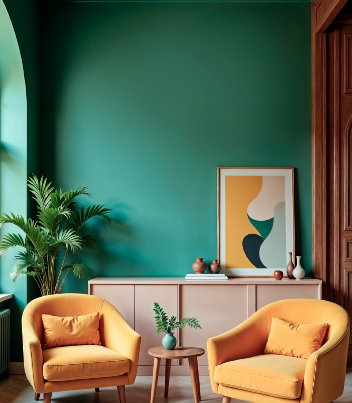 Salon élégant avec peinture intérieure vert émeraude et fauteuils jaunes